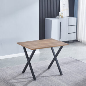 Mesa de comedor pequeña con patas cruzadas de metal y tablero de madera, diseño moderno y minimalista