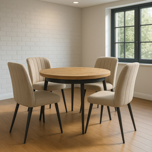 Mesa comedor redonda 100 cm roble artisan con patas negras de acero