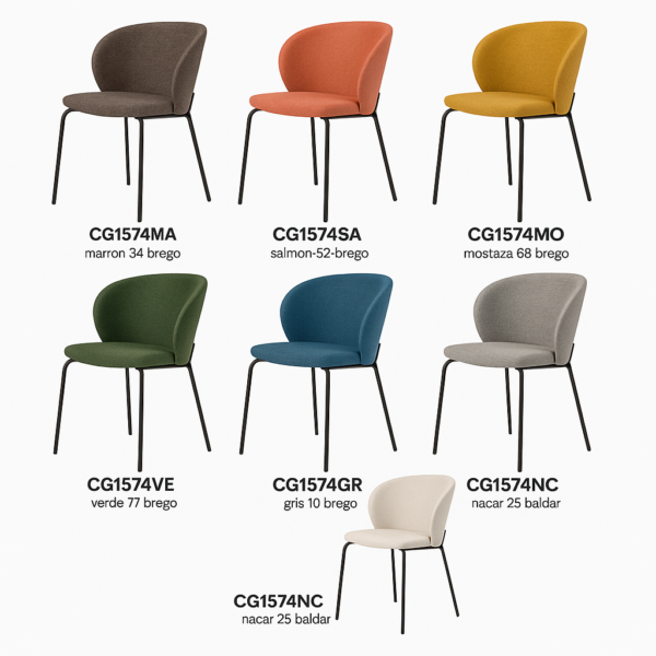 Silla de comedor tapizada CG1574 con patas metálicas negras y tejido Brego varios colores