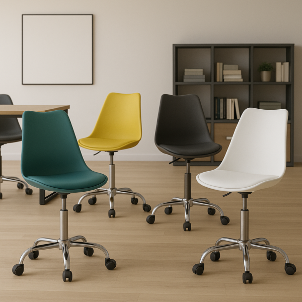 Silla de oficina Curroflex con asiento tapizado, estructura de polipropileno y base cromada con ruedas, en color mostaza.