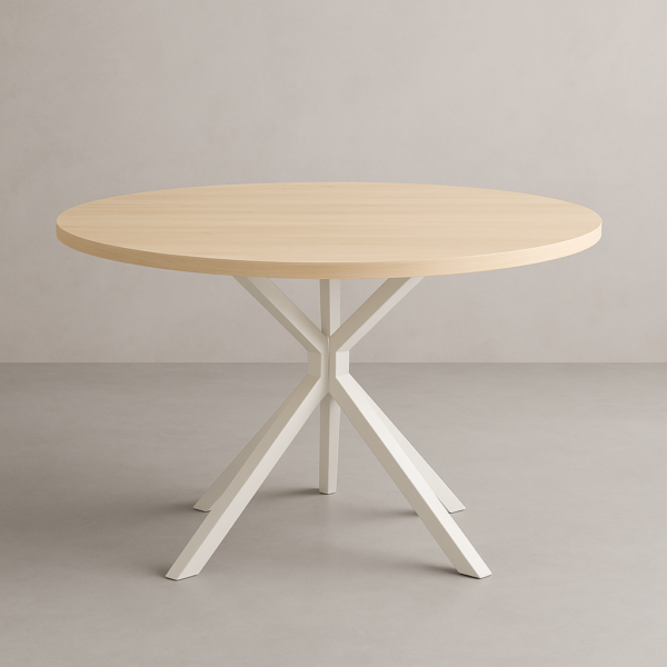 Mesa redonda Hércules con estructura metálica negra y sobre en acabado roble, diseño moderno y elegante