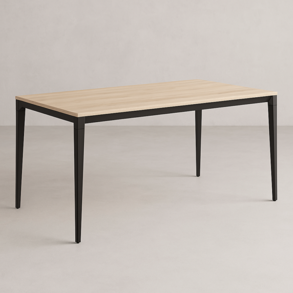 Mesa de comedor moderna fija con patas metálicas negras y tablero en acabado melamínico de diseño.