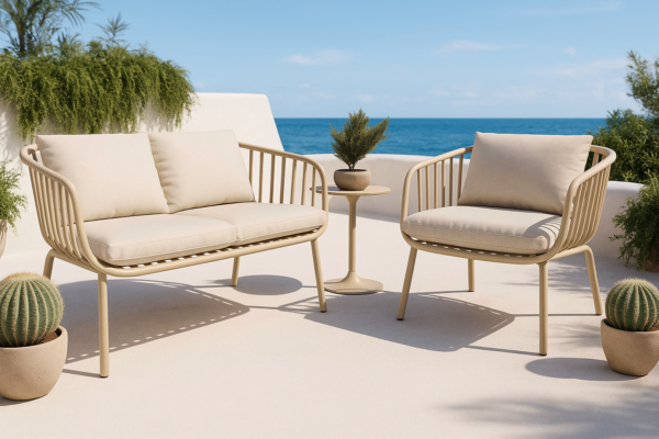 Sillón de exterior Banús de una plaza en color grafito con cojines beige sobre terraza con vistas al mar