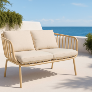 Sillón de exterior Banús de una plaza en color grafito con cojines beige sobre terraza con vistas al mar