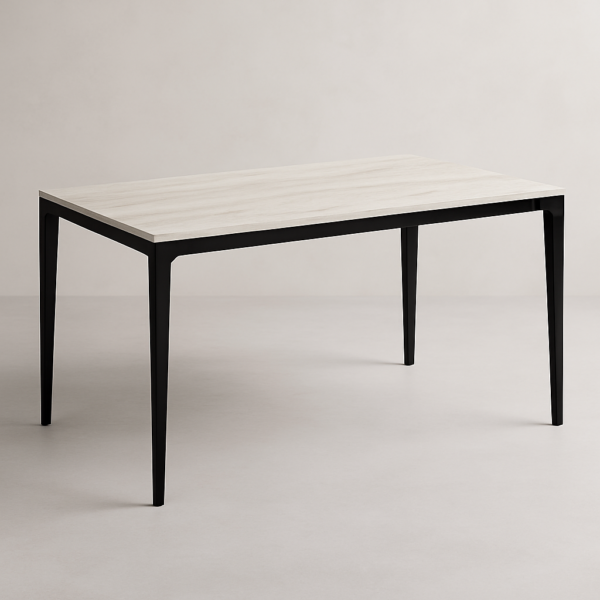 Mesa de comedor moderna fija con patas metálicas negras y tablero en acabado melamínico de diseño.