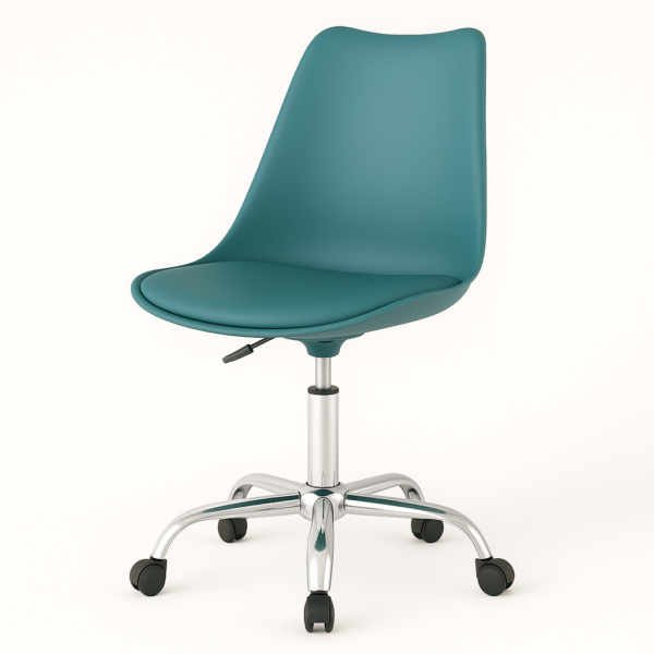 Silla de oficina Curroflex con asiento tapizado, estructura de polipropileno y base cromada con ruedas, en color mostaza.
