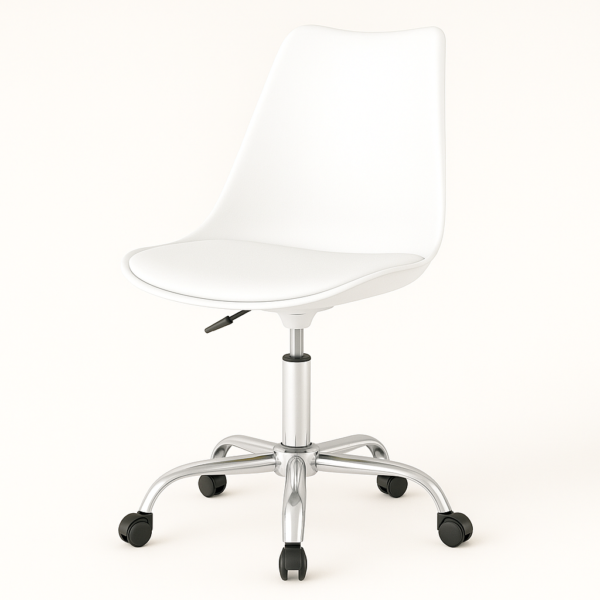 Silla de oficina Curroflex con asiento tapizado, estructura de polipropileno y base cromada con ruedas, en color mostaza.