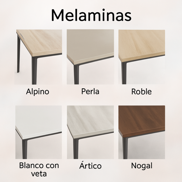 Mesa de comedor moderna fija con patas metálicas negras y tablero en acabado melamínico de diseño.