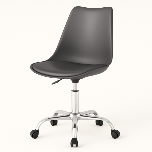 Silla de oficina Curroflex con asiento tapizado, estructura de polipropileno y base cromada con ruedas, en color mostaza.