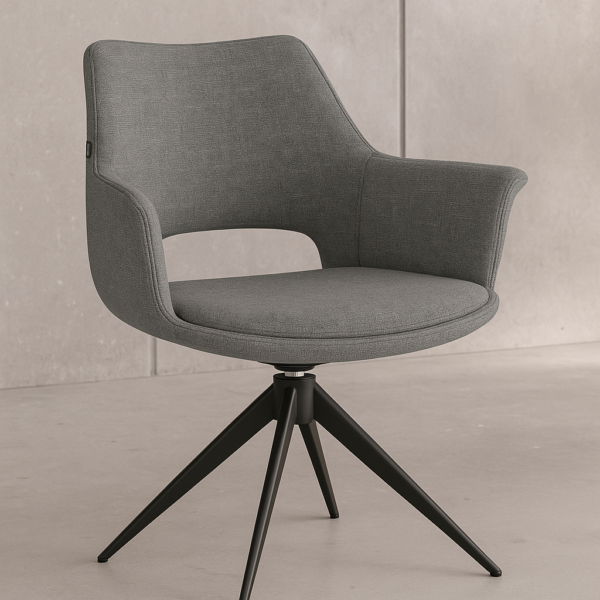 Silla giratoria Totana tapizada en verde oliva con patas negras, estilo moderno y respaldo envolvente