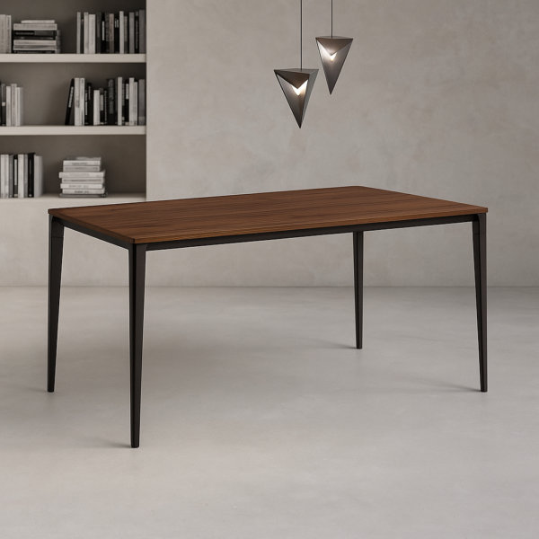 Mesa de comedor moderna fija con patas metálicas negras y tablero en acabado melamínico de diseño.