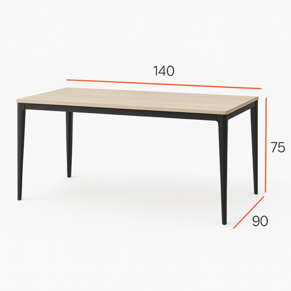 Mesa de comedor moderna fija con patas metálicas negras y tablero en acabado melamínico de diseño.