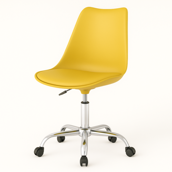 Silla de oficina Curroflex con asiento tapizado, estructura de polipropileno y base cromada con ruedas, en color mostaza.