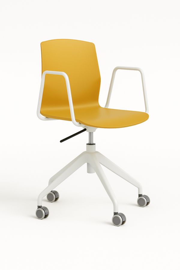 Silla giratoria de oficina Nova con ruedas, asiento de polipropileno y patas blancas en color mostaza