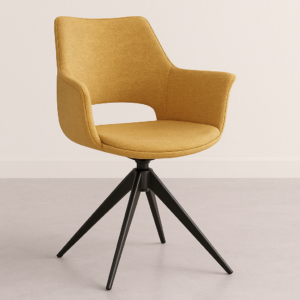 Silla giratoria Totana tapizada en verde oliva con patas negras, estilo moderno y respaldo envolvente