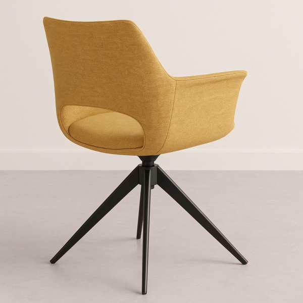 Silla giratoria Totana tapizada en verde oliva con patas negras, estilo moderno y respaldo envolvente