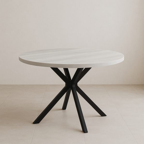 Mesa redonda Hércules con estructura metálica negra y sobre en acabado roble, diseño moderno y elegante