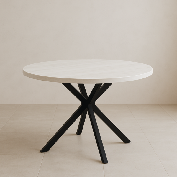 Mesa redonda Hércules con estructura metálica negra y sobre en acabado roble, diseño moderno y elegante
