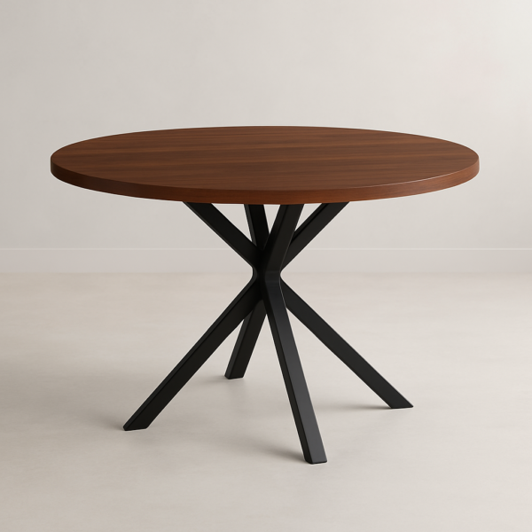 Mesa redonda Hércules con estructura metálica negra y sobre en acabado roble, diseño moderno y elegante