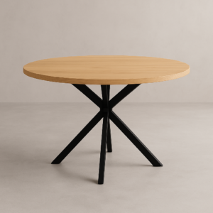 Mesa redonda Hércules con estructura metálica negra y sobre en acabado roble, diseño moderno y elegante