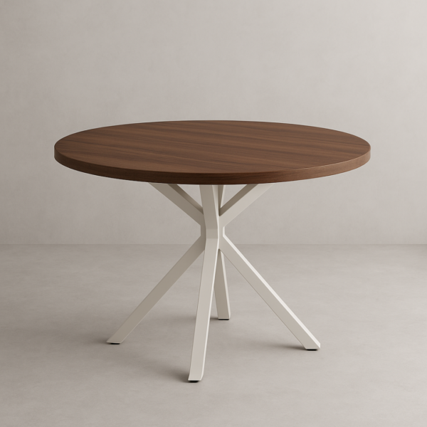 Mesa redonda Hércules con estructura metálica negra y sobre en acabado roble, diseño moderno y elegante
