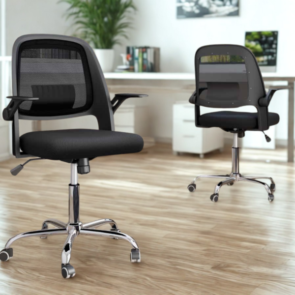 Silla de oficina Ergoflex con respaldo en tela, base cromada y brazos abatibles, ideal para teletrabajo. Envío en Murcia.