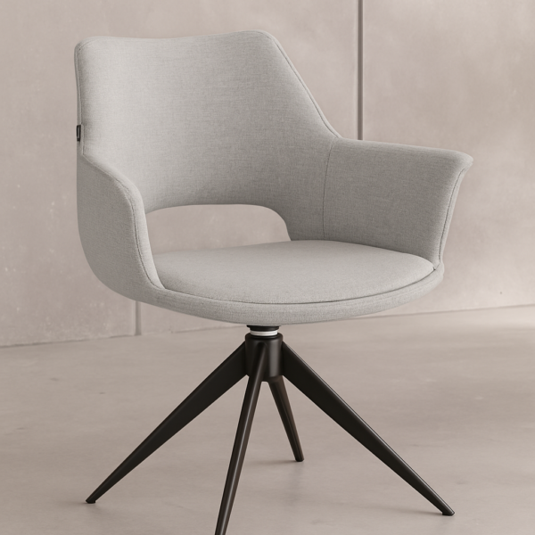 Silla giratoria Totana tapizada en verde oliva con patas negras, estilo moderno y respaldo envolvente