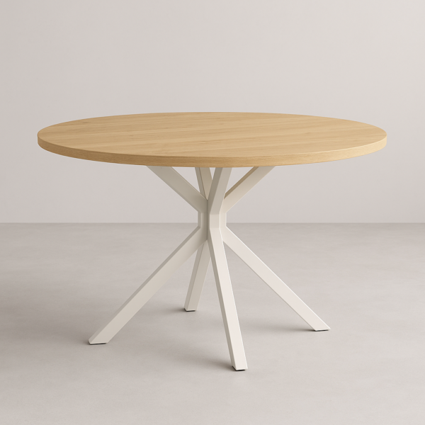 Mesa redonda Hércules con estructura metálica negra y sobre en acabado roble, diseño moderno y elegante