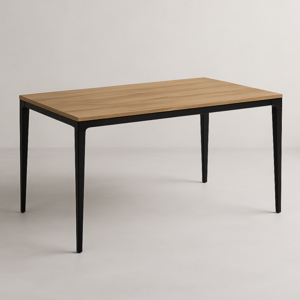 Mesa de comedor moderna fija con patas metálicas negras y tablero en acabado melamínico de diseño.