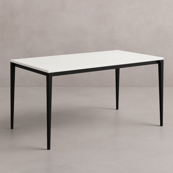 Mesa de comedor moderna fija con patas metálicas negras y tablero en acabado melamínico de diseño.