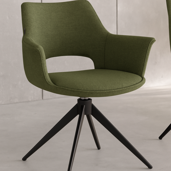Silla giratoria Totana tapizada en verde oliva con patas negras, estilo moderno y respaldo envolvente