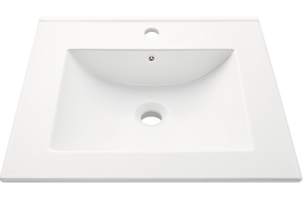 Lavabo encastrado de cerámica blanca con seno centrado y rebosadero. Modelo BASIC, disponible en 61,5 y 81 cm.