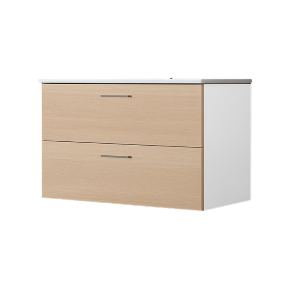 Mueble de baño suspendido de 2 cajones en color roble, diseño moderno para anclar a pared.