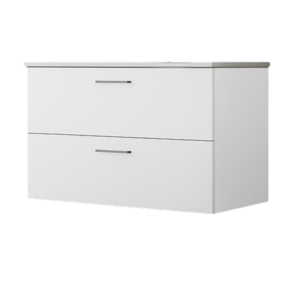 Mueble de baño suspendido de 2 cajones en color blanco, diseño moderno para anclar a pared.