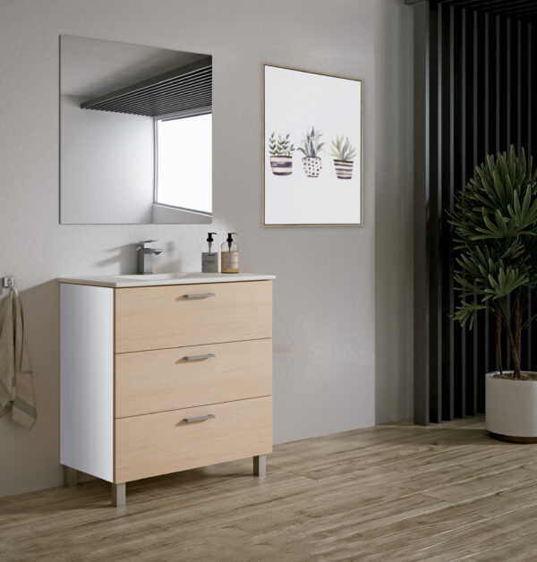 Mueble de baño modelo Basic 1 en color roble tauros con espejo y grifo incluidos.
