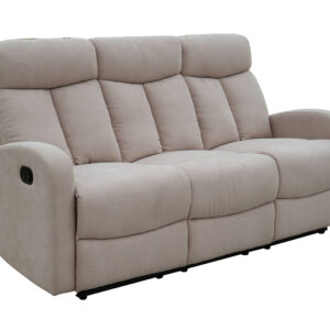Sofá relax Espuña de 3 plazas, con dos asientos reclinables, tapizado en beige, reposapiés extendido en los extremos.