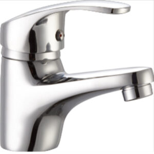Grifo de lavabo monomando cromado modelo BASIC con caño fijo y diseño minimalista.