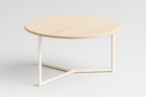 Mesa de centro redonda con estructura metálica en color marfil y sobre de melamina en acabado madera, 80 cm de diámetro