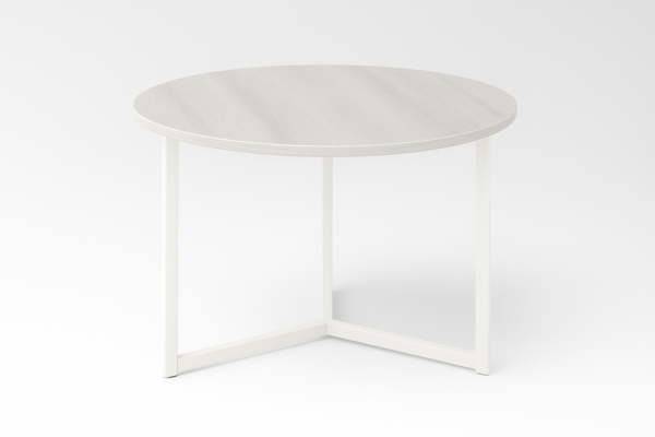 Mesa de centro redonda con estructura metálica en color marfil y sobre de melamina en acabado madera, 80 cm de diámetro