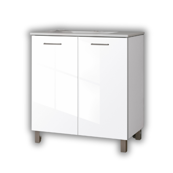 Mueble de baño blanco brillo de 2 puertas abatibles, modelo BASIC 3. Lavabo, grifo y espejo no incluidos.