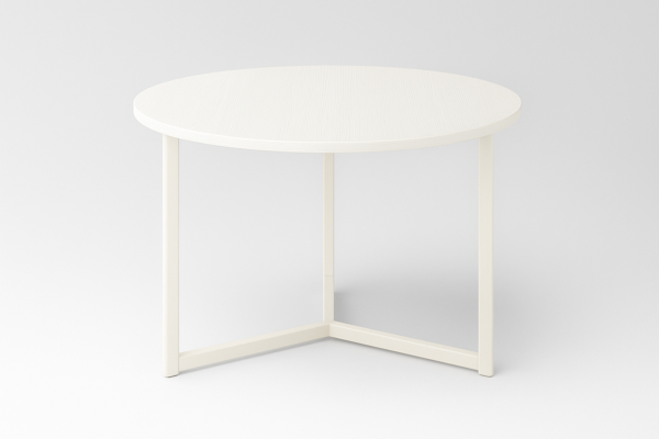 Mesa de centro redonda con estructura metálica en color marfil y sobre de melamina en acabado madera, 80 cm de diámetro