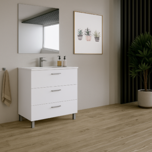 Mueble de baño Basic 1 en blanco titanio con 3 cajones, lavabo y espejo.