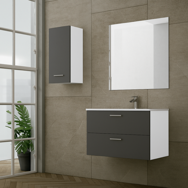 Mueble de baño suspendido de 2 cajones en color antracita, diseño moderno para anclar a pared.