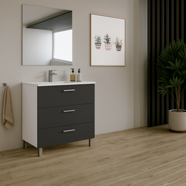 Mueble de baño Basic 1 en antracita con patas altas y espejo.