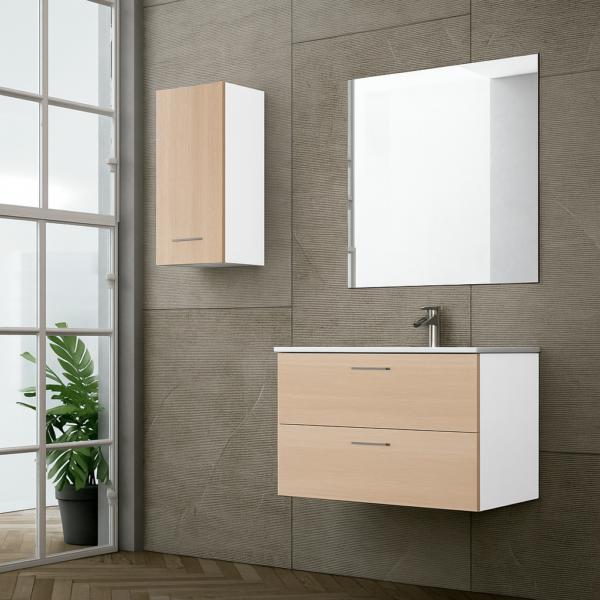 Mueble de baño suspendido de 2 cajones en color roble, diseño moderno para anclar a pared.