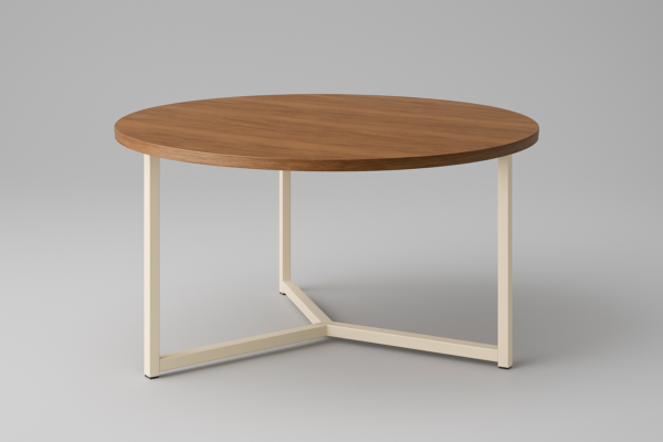 Mesa de centro redonda con estructura metálica en color marfil y sobre de melamina en acabado madera, 80 cm de diámetro