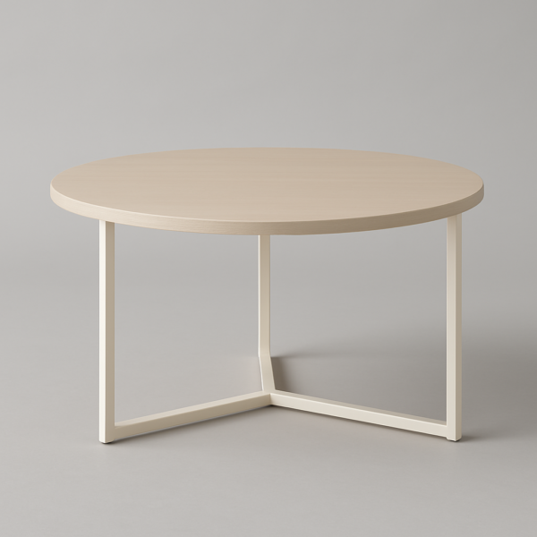 Mesa de centro redonda con estructura metálica en color marfil y sobre de melamina en acabado madera, 80 cm de diámetro