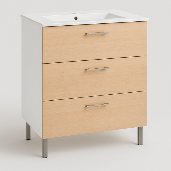 Mueble de baño modelo Basic 1 en color roble tauros con espejo y grifo incluidos.