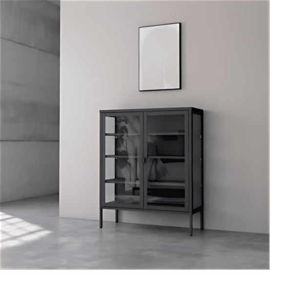 Vitrina baja negra de metal y cristal, ideal para salón o comedor moderno.