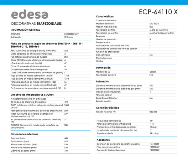 Campana decorativa Edesa ECP‑64110 X 60 cm extracción 477 m³/h – Azogue Home